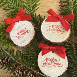 Merry christmas fakorong karácsonyfadíszek, Karácsony, Karácsonyi lakásdekoráció, Karácsonyfadíszek, Decoupage, transzfer és szalvétatechnika, Festett tárgyak, MESKA