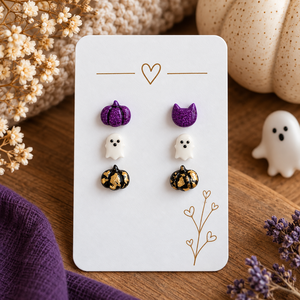 Halloween fülbevaló szett � szellem, lila és fekete-arany tök � 3 pár - ékszer - fülbevaló - pötty fülbevaló - Meska.hu