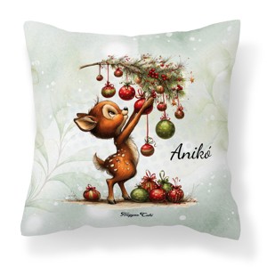 Névvel kérhető - Cuki karácsonyi őzike és a díszek mintás párna, Otthon & Életmód, Lakástextil, Párna & Párnahuzat, Díszpárna (belsővel együtt), , MESKA