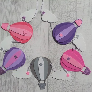 Hőlégballon girland/bunting felhőkkel rózsaszín-lila-szürke, Otthon & Életmód, Dekoráció, Girland, zászlófűzér, Fali és függő dekoráció, Mindenmás, MESKA