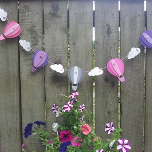 Hőlégballon girland/bunting felhőkkel rózsaszín-lila-szürke - otthon & életmód - dekoráció - fali és függő dekoráció - girland, zászlófűzér - Meska.hu