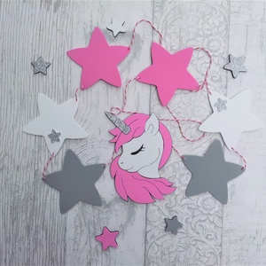 Unikornis, egyszarvú girland/bunting csillagokkal pink-szürke-fehér, Otthon & Lakás, Dekoráció, Girland, zászlófűzér, Fali és függő dekoráció, Mindenmás, Meska