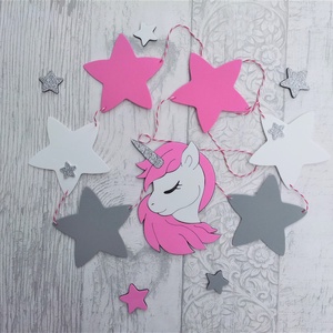 Unikornis, egyszarvú girland/bunting csillagokkal pink-szürke-fehér - Meska.hu
