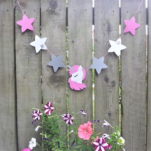 Unikornis, egyszarvú girland/bunting csillagokkal pink-szürke-fehér - otthon & életmód - dekoráció - fali és függő dekoráció - girland, zászlófűzér - Meska.hu