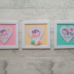 Vidám unikornisok Babaszoba dekoráció, 15x15cm-es nagyságú dekorgumi/mintásfilc kép szett, Otthon & Életmód, Babaszoba, gyerekszoba, Babaszoba kép, Mindenmás, Varrás, MESKA