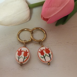 Nemesacél tulipános fülbevaló., Ékszer, Fülbevaló, Lógó fülbevaló, Ékszerkészítés, Gyöngyfűzés, gyöngyhímzés, MESKA