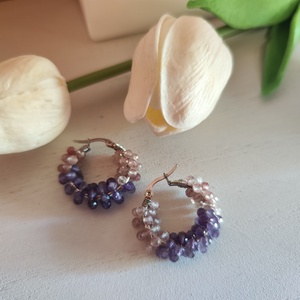 Egyedi nemesacél fülbevaló, Ametiszt-Eperkvarc ásvány gyöngyökkel! - ékszer - fülbevaló - karika fülbevaló - Meska.hu