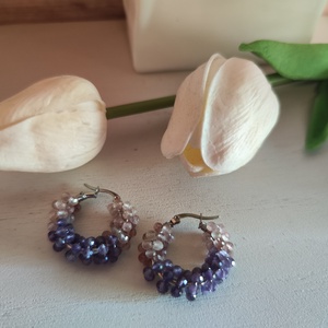 Egyedi nemesacél fülbevaló, Ametiszt-Eperkvarc ásvány gyöngyökkel! - ékszer - fülbevaló - karika fülbevaló - Meska.hu