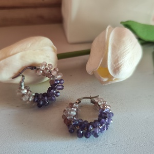 Egyedi nemesacél fülbevaló, Ametiszt-Eperkvarc ásvány gyöngyökkel!, Ékszer, Fülbevaló, Karika fülbevaló, Ékszerkészítés, Gyöngyfűzés, gyöngyhímzés, MESKA