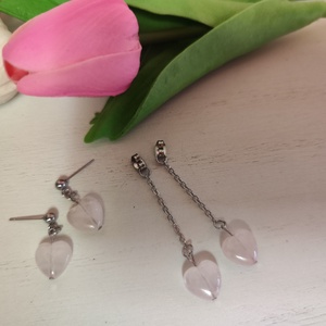 Nemesacél fülbevaló Rózsakvarc szív medállal! - ékszer - fülbevaló - lógó fülbevaló - Meska.hu