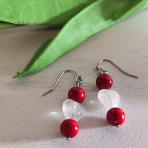 Nemesacél fülbevaló rózsakvarc szívvel és meggypiros gyönggyel! - ékszer - fülbevaló - lógó fülbevaló - Meska.hu