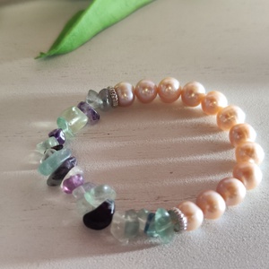 Édesvízi tenyésztett gyöngy - fluorit ásvány karkötő., Ékszer, Karkötő, Ásványkarkötő, Ékszerkészítés, Gyöngyfűzés, gyöngyhímzés, MESKA