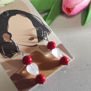 Nemesacél fülbevaló rózsakvarc szívvel és meggypiros gyönggyel! - Meska.hu