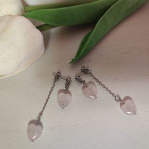 Nemesacél fülbevaló Rózsakvarc szív medállal! - ékszer - fülbevaló - lógó fülbevaló - Meska.hu