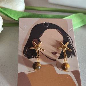 Tengeri csillag fülbevaló AAA tigrisszem gyönggyel � elegáns nemesacél!, Ékszer, Fülbevaló, Lógó fülbevaló, Ékszerkészítés, Gyöngyfűzés, gyöngyhímzés, MESKA