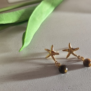 Tengeri csillag fülbevaló AAA tigrisszem gyönggyel � elegáns nemesacél! - ékszer - fülbevaló - lógó fülbevaló - Meska.hu