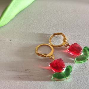 Cuki üveggyöngy piros tulipános fülbevaló � biztonsági kapcsos, arany nemesacél alap! ?, Ékszer, Fülbevaló, Lógó fülbevaló, Ékszerkészítés, Gyöngyfűzés, gyöngyhímzés, MESKA