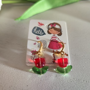 Cuki üveggyöngy piros tulipános fülbevaló � biztonsági kapcsos, arany nemesacél alap!  - ékszer - fülbevaló - lógó fülbevaló - Meska.hu