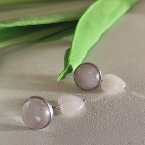 Egyedi rózsakvarc cabochon bedugós nemesacél fülbevaló (12 mm) � levehető szív kővel (10 mm)! - Meska.hu