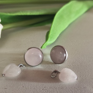 Egyedi rózsakvarc cabochon bedugós nemesacél fülbevaló (12 mm) � levehető szív kővel (10 mm)! - ékszer - fülbevaló - lógó fülbevaló - Meska.hu