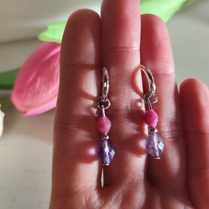 2 az 1-ben Ásványos S925 Ezüst Karika Fülbevaló � Rózsaszín Jáspis -AAA Fluorit - Meska.hu