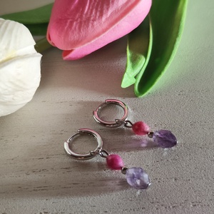 2 az 1-ben Ásványos S925 Ezüst Karika Fülbevaló � Rózsaszín Jáspis -AAA Fluorit - ékszer - fülbevaló - lógó fülbevaló - Meska.hu