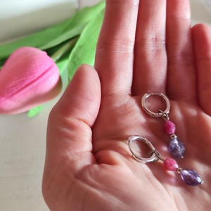 2 az 1-ben Ásványos S925 Ezüst Karika Fülbevaló � Rózsaszín Jáspis -AAA Fluorit - ékszer - fülbevaló - lógó fülbevaló - Meska.hu