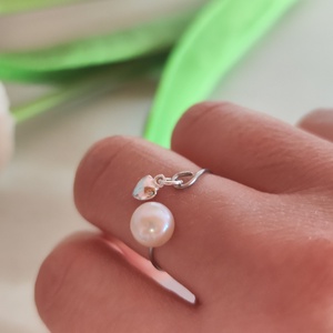 Édesvízi Gyöngy -Ezüst Szív � Állítható Nemesacél Gyűrű - ékszer - gyűrű - gyöngyös gyűrű - Meska.hu