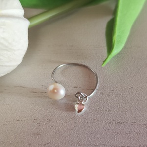 Édesvízi Gyöngy -Ezüst Szív � Állítható Nemesacél Gyűrű - ékszer - gyűrű - gyöngyös gyűrű - Meska.hu