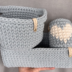 Horgolt kék tároló szett / Babaváró ajándék - baba - mama - babaszobabútor - játéktároló - Meska.hu