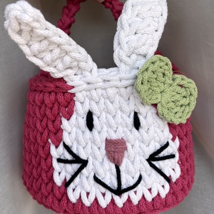 Horgolt rózsaszín nyuszis húsvéti kosár - maxi - otthon & életmód - tárolás & rendszerezés - tárolókosár - Meska.hu