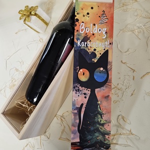Macska karácsony ajándék bortartó díszdoboz, Karácsony, Karácsonyi lakásdekoráció, Karácsonyi lakásdíszek, Gravírozás, pirográfia, Fotó, grafika, rajz, illusztráció, MESKA