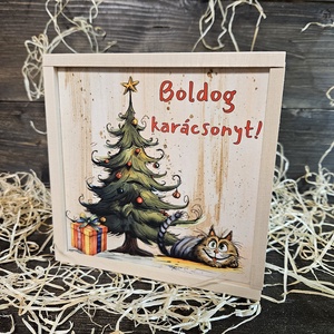 Macskarácsony kávés, teás, édességes ajándék díszdoboz karácsonyra, Üres doboz, Karácsony, Karácsonyi lakásdekoráció, Karácsonyi lakásdíszek, Gravírozás, pirográfia, Fotó, grafika, rajz, illusztráció, MESKA