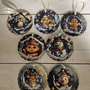  Állati karácsony karácsonyfadísz szett, 7 darabos készlet, Karácsony, Karácsonyi lakásdekoráció, Karácsonyfadíszek, Gravírozás, pirográfia, Fotó, grafika, rajz, illusztráció, MESKA