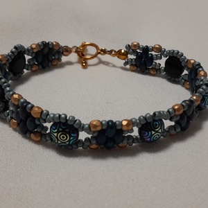 Fekete-türkiz-arany karkötő, Ékszer, Karkötő, Gyöngyös karkötő, Gyöngyfűzés, gyöngyhímzés, MESKA