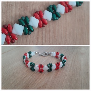 Piros-fehér-zöld karkötő, Ékszer, Karkötő, Gyöngyös karkötő, Gyöngyfűzés, gyöngyhímzés, MESKA