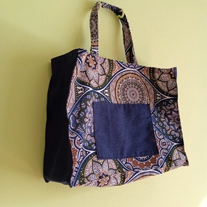 Bevásárló táska merevített talppal - kék, barna, arany színű mandala mintás - táska & tok - bevásárlás & shopper táska - shopper, textiltáska, szatyor - Meska.hu