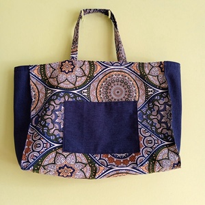 Bevásárló táska merevített talppal - kék, barna, arany színű mandala mintás - táska & tok - bevásárlás & shopper táska - shopper, textiltáska, szatyor - Meska.hu
