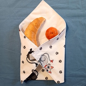 Öko szendvicscsomagoló, újra szalvéta - masnis cica mintás, Táska & Tok, Uzsonna- & Ebéd tartó, Szendvics csomagoló, Varrás, MESKA