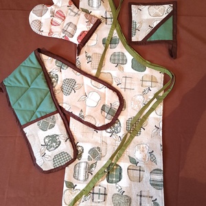 Konyha szett  /kötény, kesztyű. tepsifogó, fedő fogó/ - alma mintás, Otthon & Életmód, Konyhafelszerelés, tálalás, Konyhai textil, Edényfogó & Edényfedő, Varrás, MESKA