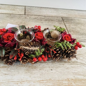 tobozos rózsás dísz 30CM 2 mécsestartóval, Karácsony, Adventi díszek, Adventi asztaldísz, Virágkötés, MESKA