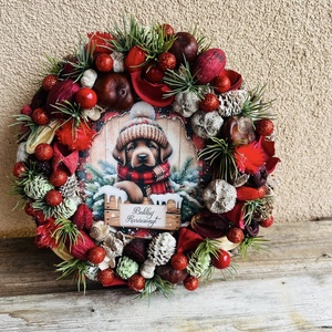 Karácsonyi Kutyás Ajtódísz  24 cm, Karácsony, Adventi díszek, Adventi ajtódísz, Virágkötés, MESKA