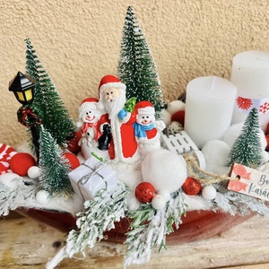 Piros Csónak  35 cm-es adventi dísz hóemberes dekorral és fehér gyertyákkal, Karácsony, Adventi díszek, Adventi asztaldísz, Virágkötés, MESKA