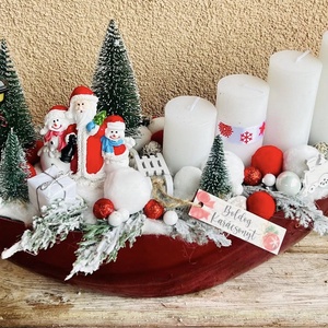 Piros Csónak  35 cm-es adventi dísz hóemberes dekorral és fehér gyertyákkal - karácsony - adventi díszek - adventi asztaldísz - Meska.hu