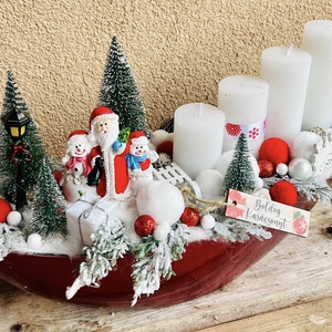 Piros Csónak  35 cm-es adventi dísz hóemberes dekorral és fehér gyertyákkal - karácsony - adventi díszek - adventi asztaldísz - Meska.hu