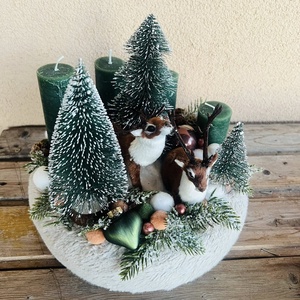 Szarvasos erdős téli táj-adventi 4 gyertyás asztaldísz, Karácsony, Adventi díszek, Adventi asztaldísz, Virágkötés, MESKA