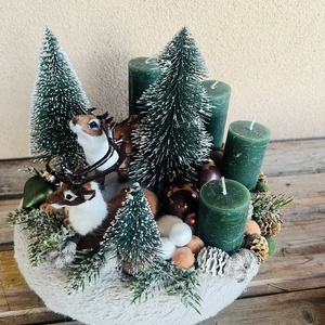 Szarvasos erdős téli táj-adventi 4 gyertyás asztaldísz - karácsony - adventi díszek - adventi asztaldísz - Meska.hu