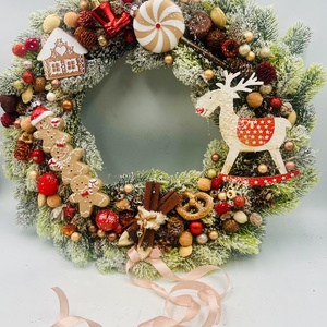 40 cm-es havasított műfenyő ajtódísz  mézeskalács dekorral - Meska.hu