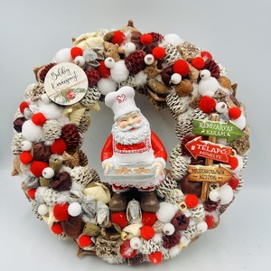 karácsonyi ajtódísz � piros-fehér, középen Mikulás figurával - Meska.hu