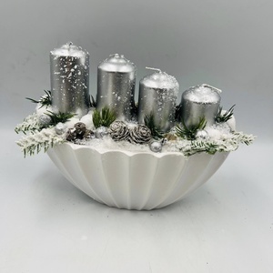 Kaspós Karácsonyi Asztaldísz  Ezüst Gyertyákkal és Műfenyővel Cikkszám: 420961 - Meska.hu